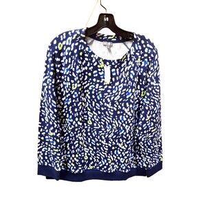 T by Talbots‎ Sweatshirt LP Blue Yellow Geometric Zip Pocket Comfort Casual